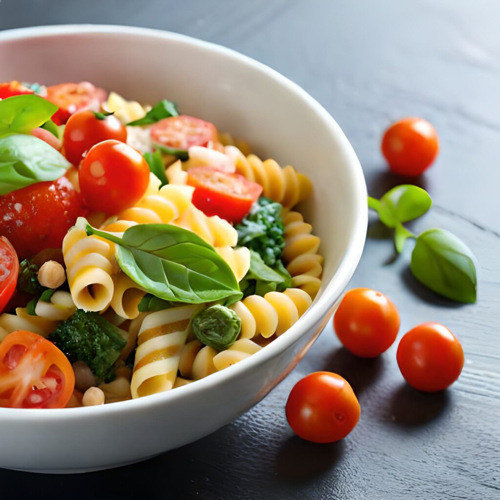 Ensalada de pasta con huevo duro,tomates cherry y espinacas