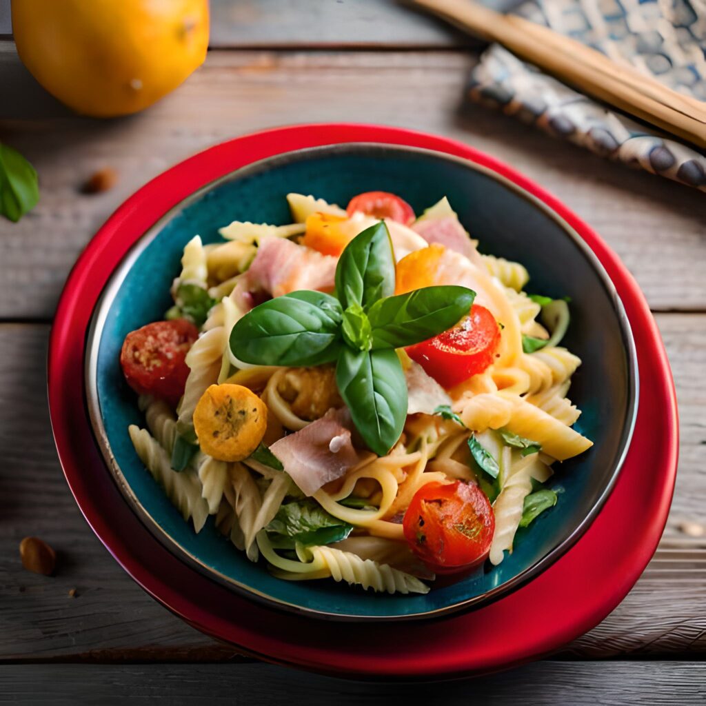 Ensalada de pasta con jamón serrano, melón y menta fresca.