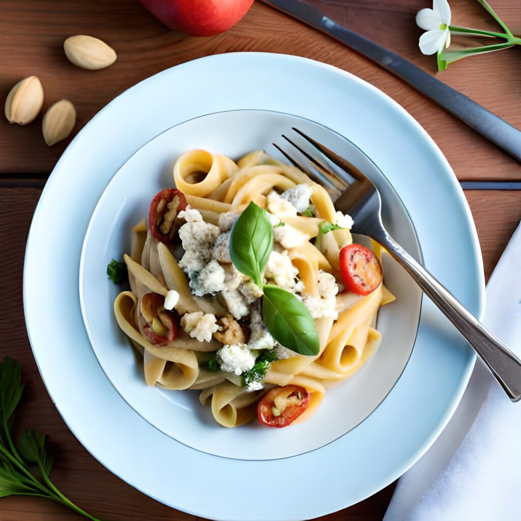 Ensalada de pasta con manzanas, nueces y queso azul.