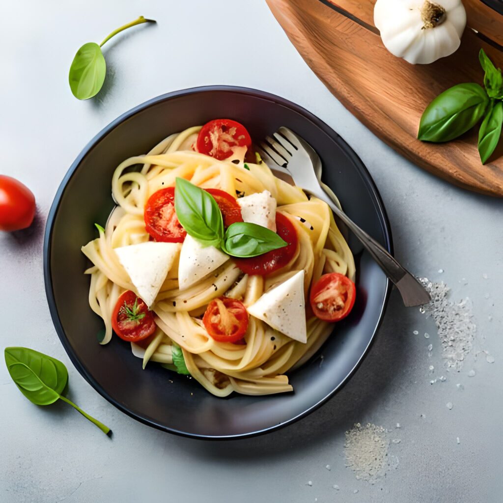 Ensalada de pasta con mozzarella, tomates y albahaca fresca