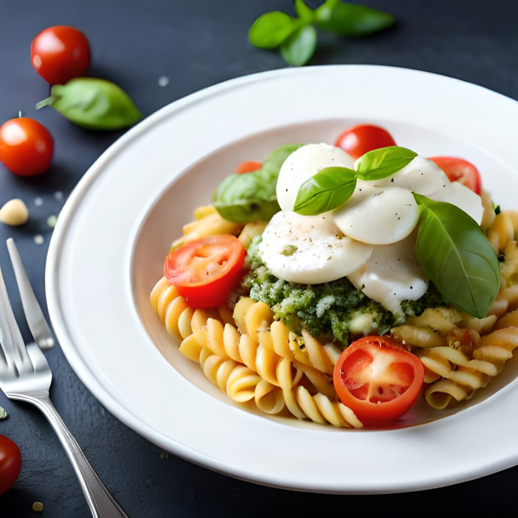 Ensalada de pasta con salsa al pesto, tomates cherry y mozzarella perlas.