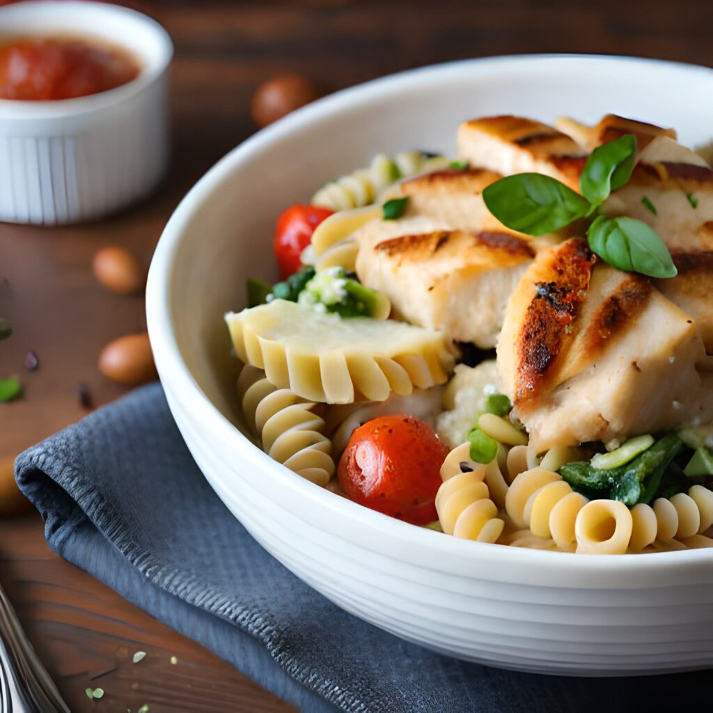 Ensalada de pasta con pollo, espinacas y aguacate