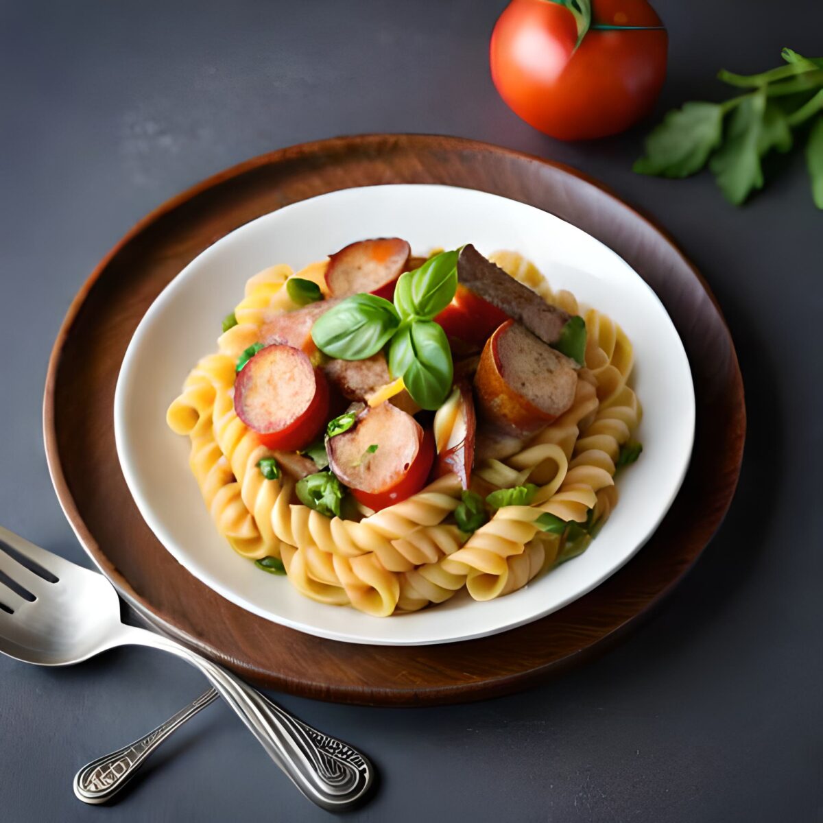 Ensalada de pasta con salchichas, pimiento verde y cebolla