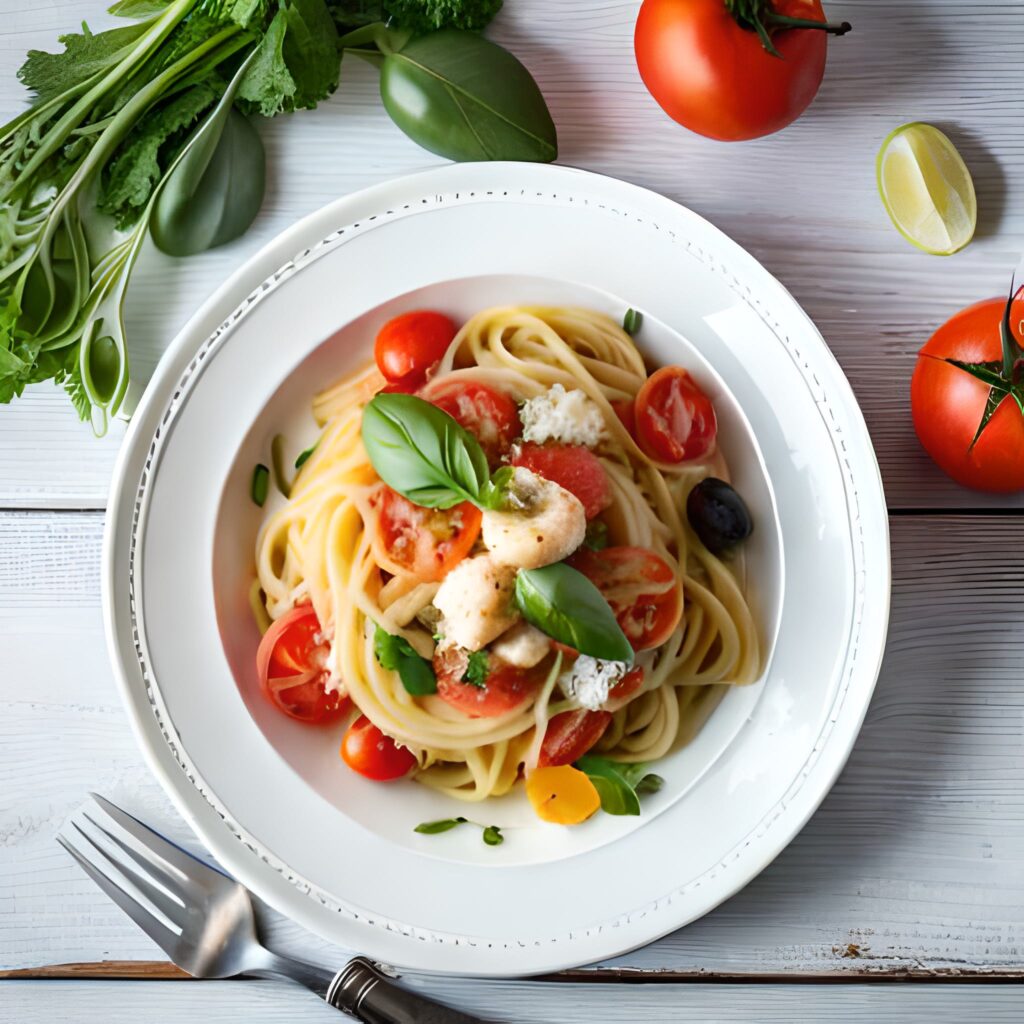 ensalada de pasta, camarones, tomates cherry y rúcula