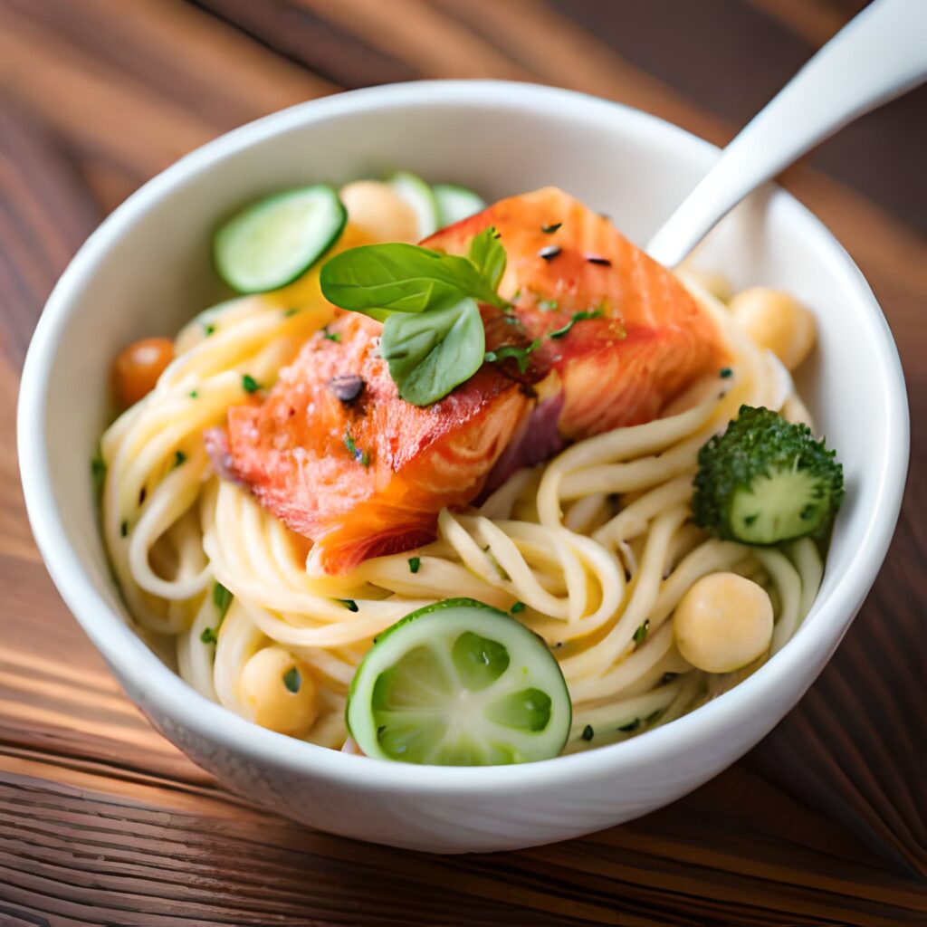 Ensalada de pasta con salmón ahumado,pepino y cebolla roja.