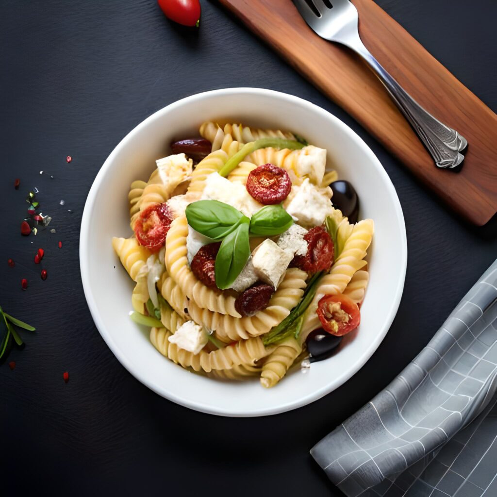 Ensalada de pasta de queso feta, aceitunas y tomates secos.